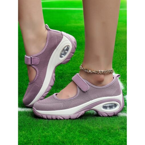 Flyknit Mesh Slip-On Sneakers for Women – Comfortable Velcro Strap Sport Shoes with Air Cushion Sole for Walking and Everyday Wear 2025