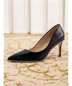 Women's Black Leather Stiletto Heels - Elegant Pointed-Toe Pumps with Pearl Trim for Weddings and Formal Occasions 2025