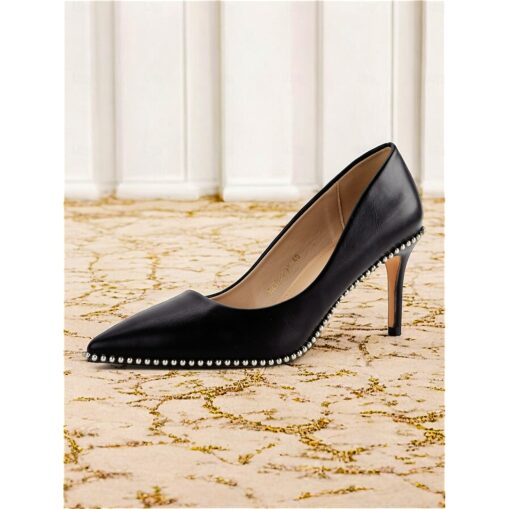 Women's Black Leather Stiletto Heels - Elegant Pointed-Toe Pumps with Pearl Trim for Weddings and Formal Occasions 2025