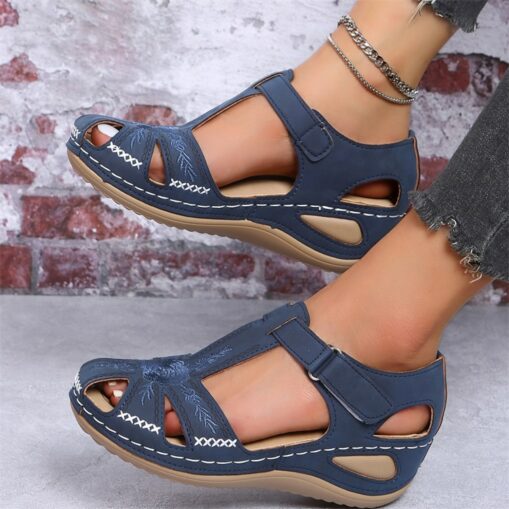Women's Navy Blue Closed-Toe Casual Sandals with Embroidered Cut-Out Design and Adjustable Velcro Strap – Comfortable Summer Shoes for Everyday Wear 2