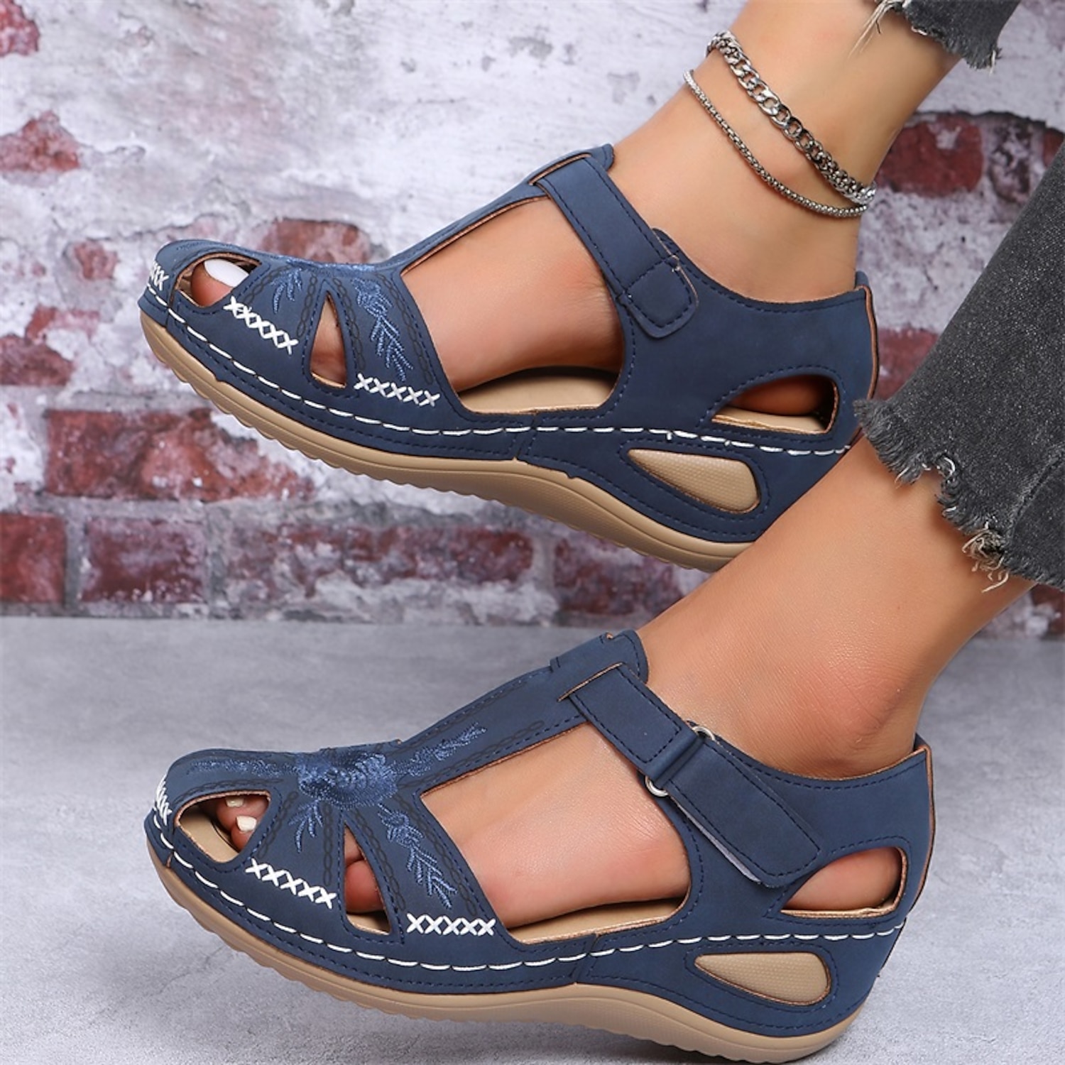 Women's Navy Blue Closed-Toe Casual Sandals with Embroidered Cut-Out Design and Adjustable Velcro Strap – Comfortable Summer Shoes for Everyday Wear 2