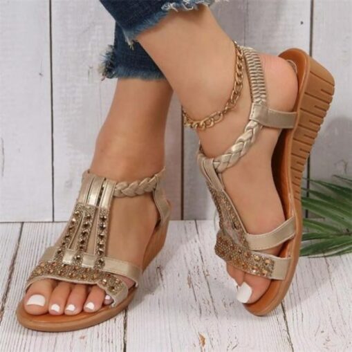 Women's Wedge Sandals with Rhinestone Embellishments – Comfortable Elastic Straps and Floral Patterned Details for Casual Summer Wear 2025 - Image 7