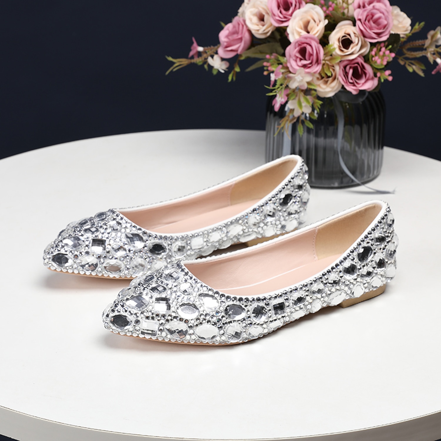 Women's Multi-Color Rhinestone Flat Shoes – Sparkling Pointed-Toe Flats for Weddings, Parties, or Evening Events 2025