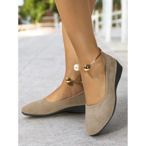 Comfort Faux Suede Wedge Flats with Pearl Ankle Strap Detail, Elegant Style for Office and Casual Outings 2025 - Image 2