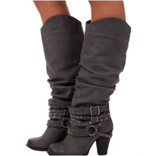 Women's Beige Slouchy Knee-High Boots with Buckle and Stud Accents, Vintage Western Style for Fall and Winter Casual Wear 2025 - Image 5