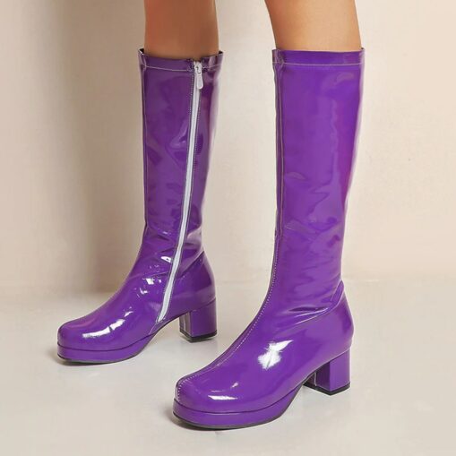 Women's White Patent Knee-High Platform Boots with Side Zipper - Vintage 70s Disco Style Chunky Heel Boots for Cosplay, Retro Fashion, and Events 2025 - Image 5
