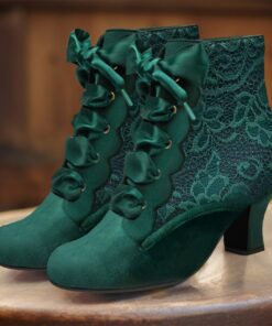 Women's Victorian Lace-Up Ankle Boots - Green Suede High Heel Booties for Vintage and Steampunk Costumes 2025
