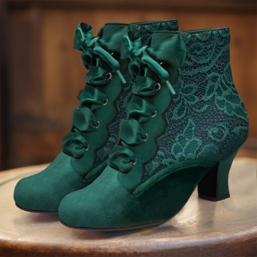 Women's Victorian Lace-Up Ankle Boots - Green Suede High Heel Booties for Vintage and Steampunk Costumes 2025