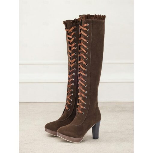 Women's Brown Victorian Lace-Up Knee-High Boots - Retro Style with Platform Heel, Perfect for Cosplay and Vintage-Inspired Outfits 2025