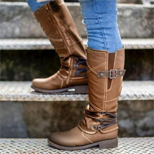 Women's Vintage Red Knee-High Faux Leather Boots with Buckle Accents - Perfect for Outdoor Adventures, Casual Outings, and Fall Fashion 2025 - Image 3