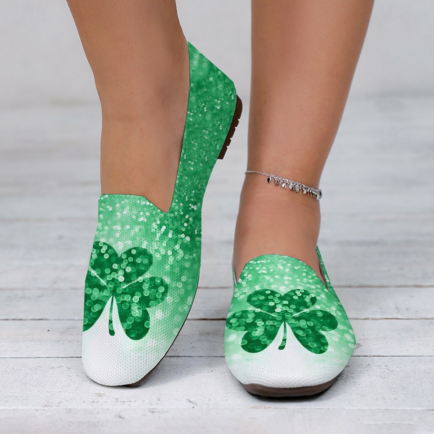 Women's Breathable Gradient Green Slip-On Flats with Clover Printed Design Perfect for Celebrate St. Patrick's Day 2025
