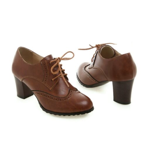 Women's Green Brogue Oxford Heels - Vintage Lace-Up Leather Shoes with Chunky Heel for Office and Casual Wear 2025 - Image 3
