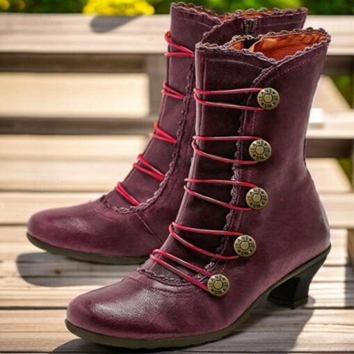 Women's Brown Vintage Victorian Lace-Up Ankle Boots with Button Details and Mid Heel for Cosplay, Historical Reenactments, and Everyday Wear 2025 - Image 4