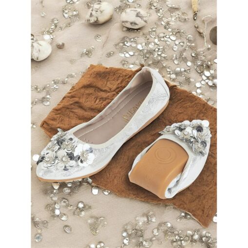 Women's Floral Embellished Foldable Flats – Comfortable Sequin Decor Ballet Shoes for Wedding and Special Events 2025
