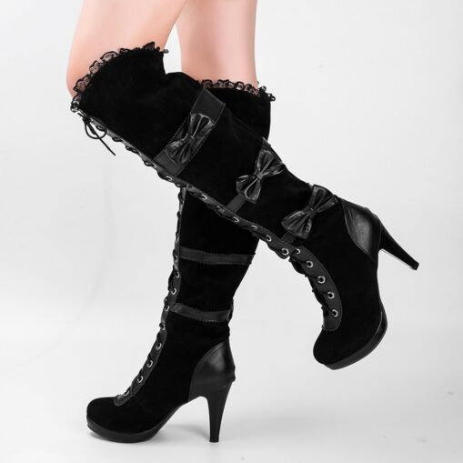 Women's Black Victorian Lace-Up Knee-High Boots with Bow Accents and Stiletto Heels - Perfect for Gothic and Cosplay Styles 2025