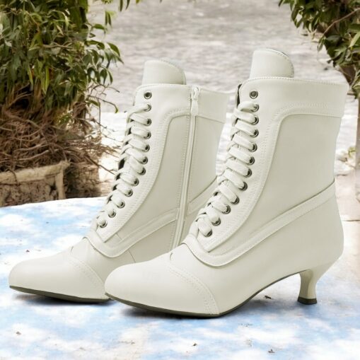 Women's Victorian White and Pink Lace-Up Mid-Heel Boots - Perfect for Vintage Themed Events and Cosplay 2025 - Image 2