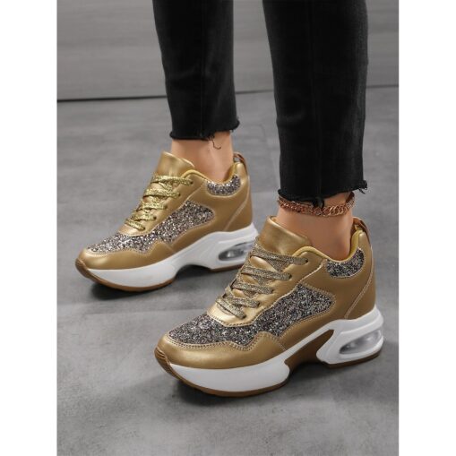 Women's Glitter Platform Sneakers with Air Cushion Sole – Sparkling Black Lace-Up Athletic Shoes for Casual and Party Wear 2025 - Image 2