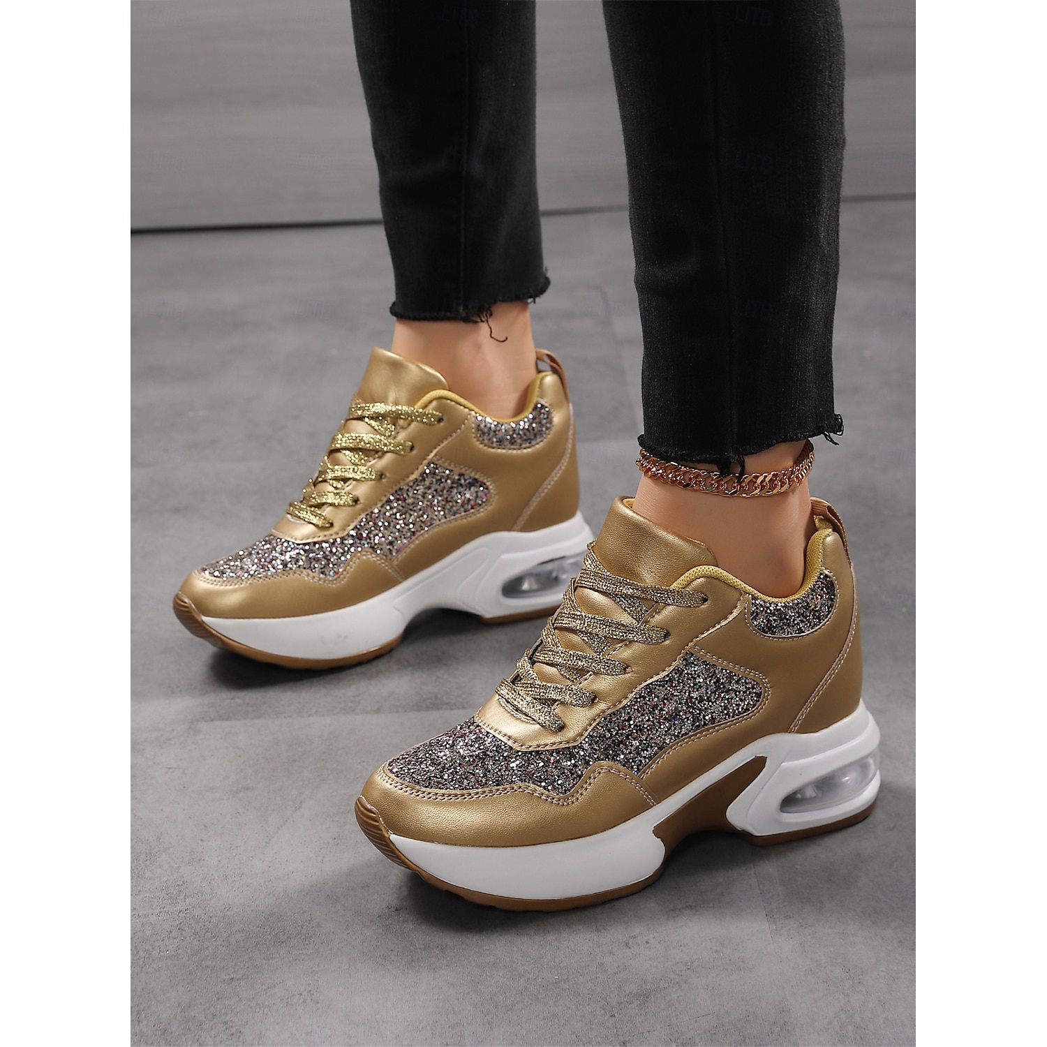 Women's Glitter Platform Sneakers with Air Cushion Sole – Sparkling Black Lace-Up Athletic Shoes for Casual and Party Wear 2025 - Image 2