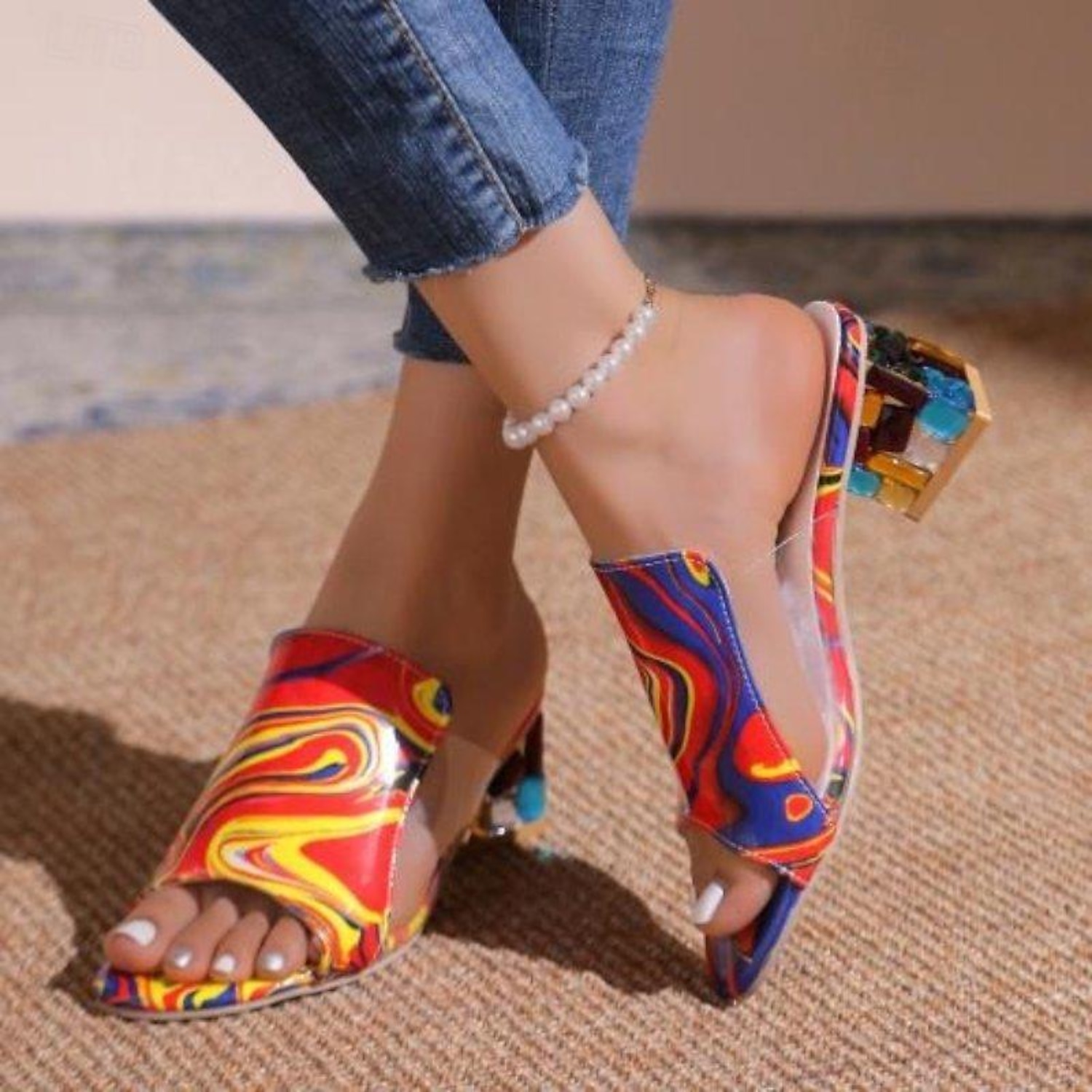 Women's White Croc-Embossed Open-Toe Sandals – Chic Slip-On Block Heels with Colorful Rhinestone Embellishments for Party & Summer Wear 2025 - Image 5