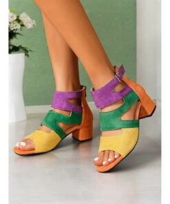 Women's Multicolor Faux Suede Block Heel Sandals with Cut-Out Design and Back Zipper - Bold Retro Style for Summer Parties and Casual Wear 2025