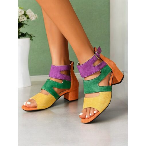 Women's Multicolor Faux Suede Block Heel Sandals with Cut-Out Design and Back Zipper - Bold Retro Style for Summer Parties and Casual Wear 2025