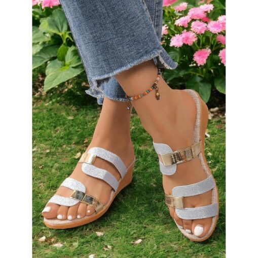Women's Glitter Strappy Wedge Sandals with Gold Accents - Casual Summer Shoes for Beach, Vacation and Everyday Wear 2025