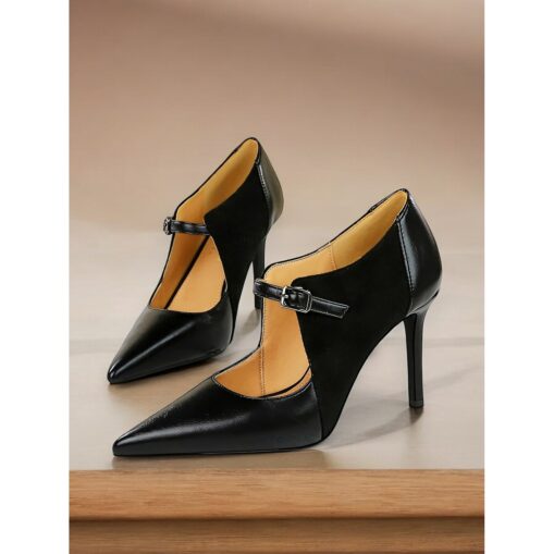 Women's Brown Faux Leather and Suede T-Strap High Heels with Buckle – Vintage-Inspired Formal Pumps for Parties and Work 2025 - Image 2