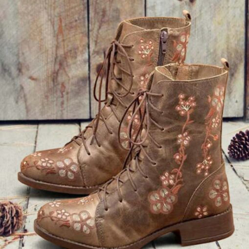 Women's Vintage Floral Embroidered Lace-Up Ankle Boots - Bohemian Style Leather Boots with Side Zipper for Fall and Winter 2025 - Image 5
