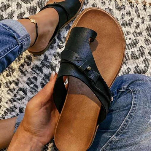Women's Black Faux Leather Slip-On Sandals – Casual Summer Sandals with Cross-Strap Design for Comfort and Style 2025