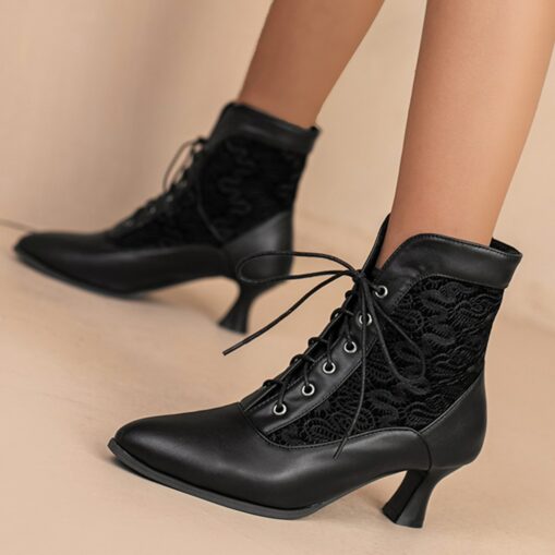 Women's White Lace-Up Ankle Boots with Embroidered Panels and Mid Heel - Elegant Victorian Style for Formal Occasions 2025 - Image 4