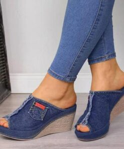 Women's Denim Wedge Sandals – Open-Toe Design with Frayed Hem and Pocket Detail, Casual Slip-On Mules for Everyday Wear 2025