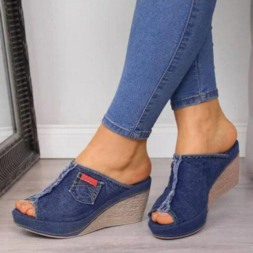 Women's Denim Wedge Sandals – Open-Toe Design with Frayed Hem and Pocket Detail, Casual Slip-On Mules for Everyday Wear 2025