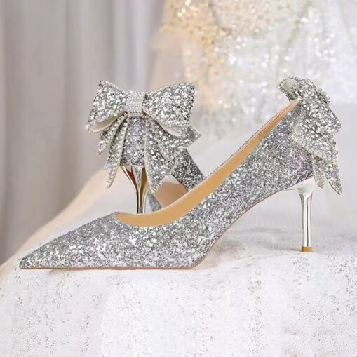 Wedding Shoes for Bride Bridesmaid Women Closed Toe Pointed Toe Silver PU Pumps With Glitter Bowknot Stiletto High Heel Wedding Party Valentine's Day - Image 2