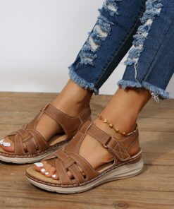 Women's Brown Faux Leather Strap Sandals – Comfortable Open-Toe Casual Sandals with Cushioned Sole for Everyday Wear 2025