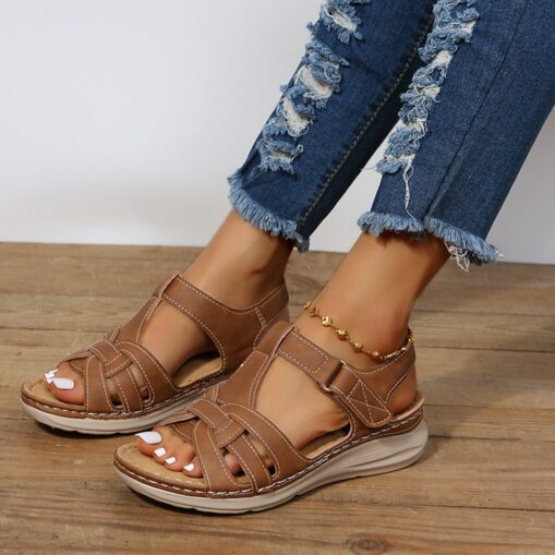 Women's Brown Faux Leather Strap Sandals – Comfortable Open-Toe Casual Sandals with Cushioned Sole for Everyday Wear 2025