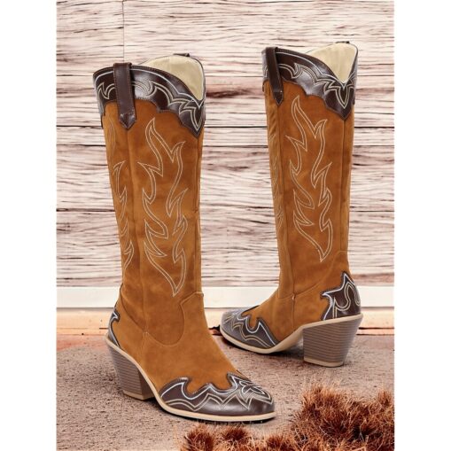 Women's Vintage Brown Suede Western Cowboy Boots with Embroidered Detailing - Perfect for Rodeo, Country Concerts, and Daily Wear 2025
