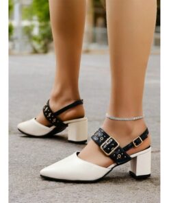 Women's Beige Pointed-Toe Block Heel Sandals with Studded Buckle Straps – Stylish and Comfortable for Work, Parties and Casual Wear 2025