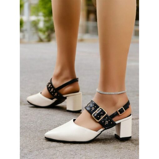 Women's Beige Pointed-Toe Block Heel Sandals with Studded Buckle Straps – Stylish and Comfortable for Work, Parties and Casual Wear 2025