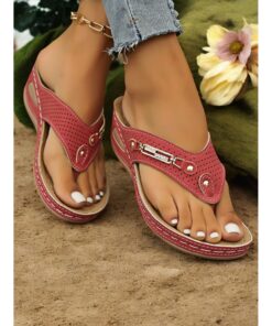Women's Red Perforated Flip-Flop Sandals with Rhinestone Decoration Comfortable Summer Shoes for Casual Wear and Beach Outings 2025