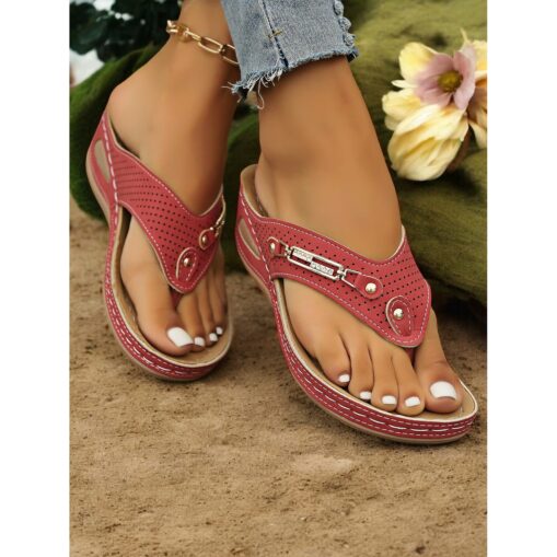 Women's Red Perforated Flip-Flop Sandals with Rhinestone Decoration Comfortable Summer Shoes for Casual Wear and Beach Outings 2025
