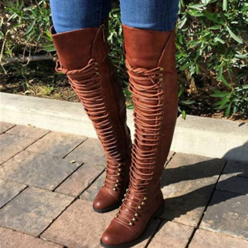 Women's Black Over-the-Knee Lace-Up Boots – Stylish High Faux Leather Boots with Rugged Sole for Outdoor and Fashion Occasions 2025 - Image 2