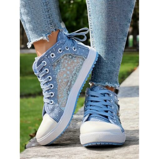 Women's Blue Lace-Up High-Top Canvas Sneakers with Embroidered Mesh Panels, Polka Dot Design for Casual and Outdoor Wear 2025