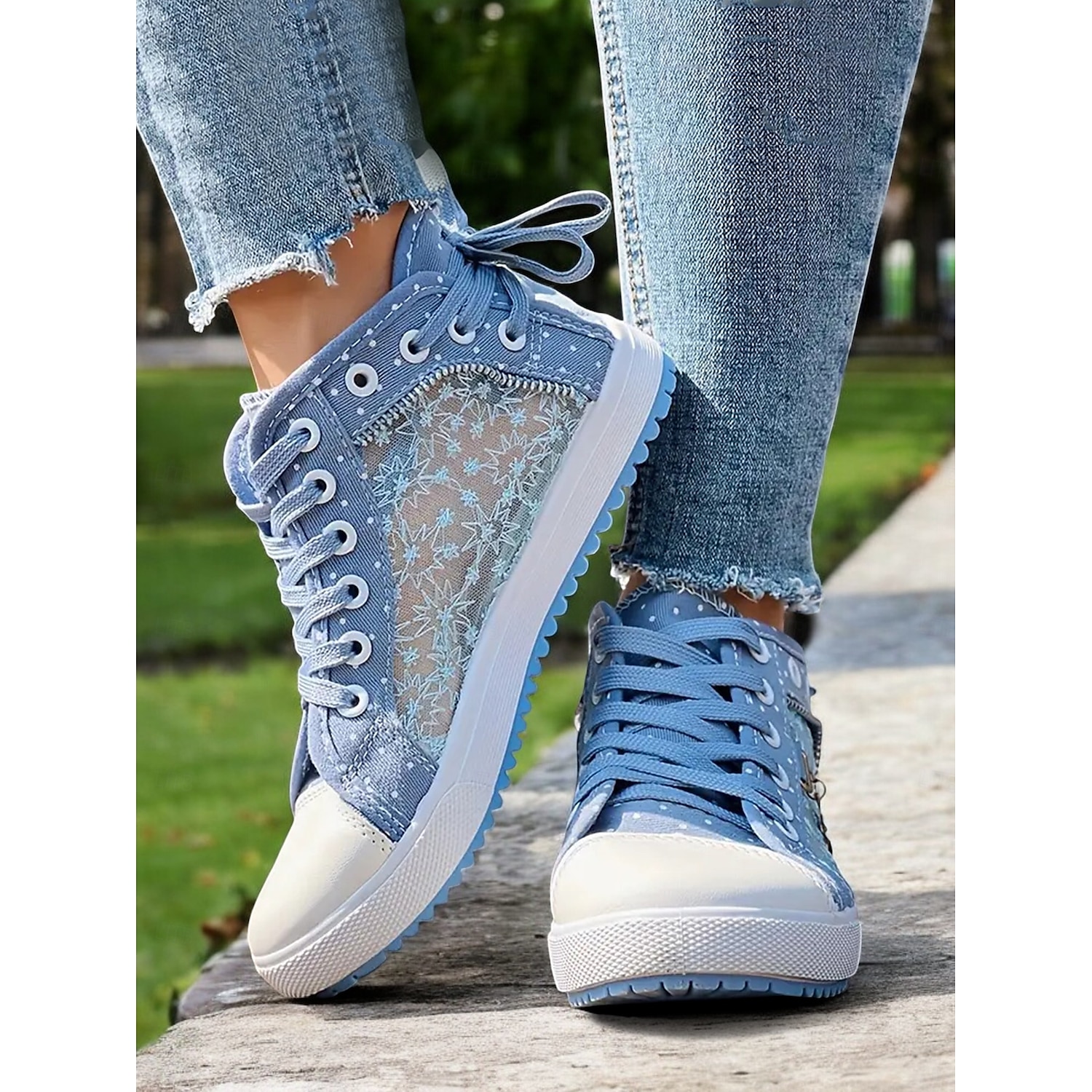 Women's Blue Lace-Up High-Top Canvas Sneakers with Embroidered Mesh Panels, Polka Dot Design for Casual and Outdoor Wear 2025