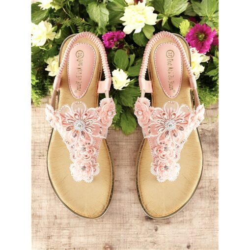 Women's Pink Floral Lace Embellished T-Strap Sandals – Comfortable Chic Summer Slip-On Footwear 2025 - Image 3