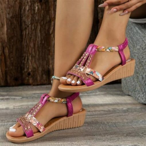 Women's Wedge Sandals with Rhinestone Embellishments – Comfortable Elastic Straps and Floral Patterned Details for Casual Summer Wear 2025 - Image 5