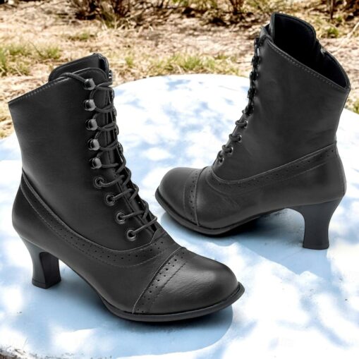 Women's Victorian Brown Lace-Up Mid-Heel Boots with Zipper - Perfect for Everyday Wear and Vintage-Themed Events 2025 - Image 2