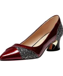 Women's Glitter-Accented Patent Faux Leather Block Heels – Elegant Pointed Toe Pumps for Formal Occasions 2025