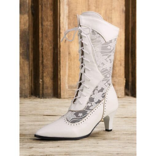 Women's Victorian Black Lace-Up Mid-Calf Boots with Floral Lace Panels – Vintage-Inspired Heeled Boots for Formal and Casual Occasions 2025