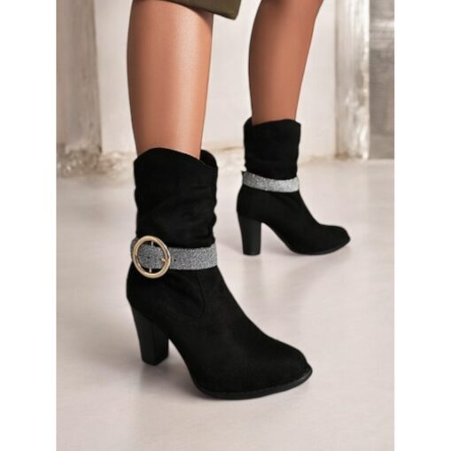 Women's Purple Faux Suede Ankle Boots with Glitter Strap and Gold Buckle, Stylish High Heel Booties for Parties and Evening Wear 2025 - Image 3