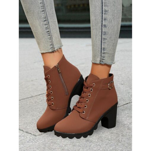 Women's Green Lace-Up Ankle Boots with Buckle Detail – Chunky Heel Combat Style for Casual and Outdoor Wear 2025 - Image 3